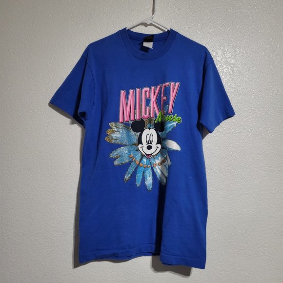 Vintage Disney Mickey Mouse Flower Power Short Sleeves Blue‎ T-shirt Sz Large - Picture 6 of 10